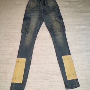 Serenade Mens Cargo Jeans Medium Wash‎ Blue Tan Patch Slim Fit Multi Pocket 30